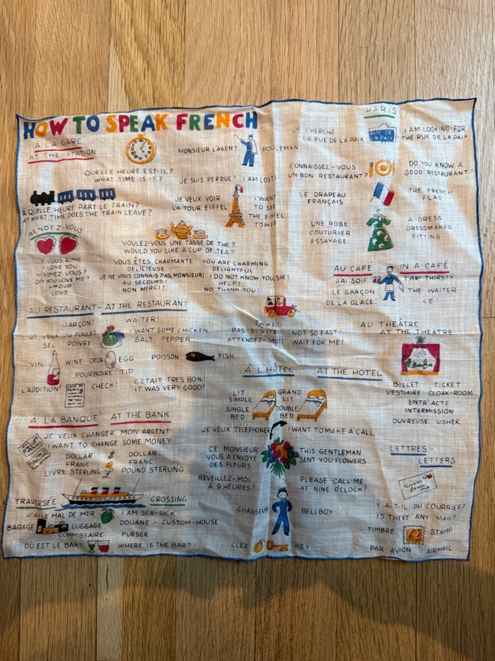 1960s How to Speak French Printed Scarf/Handkerchief in White